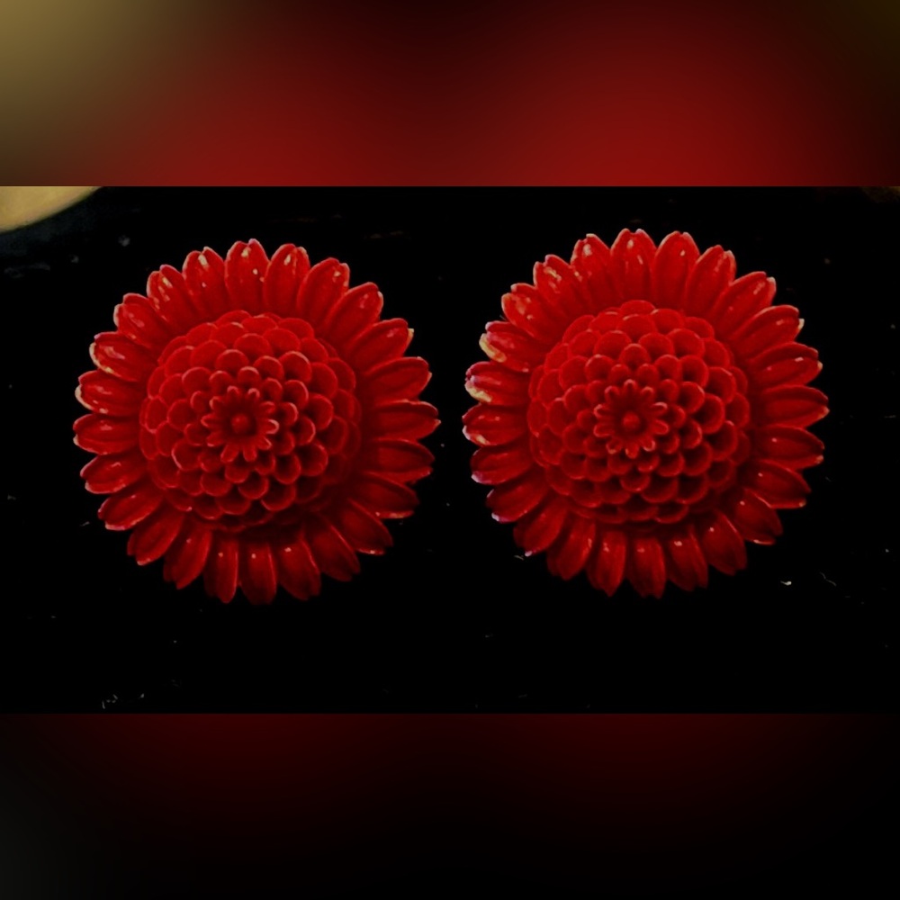 Vintage Red Floral Celluloid Clip Earrings